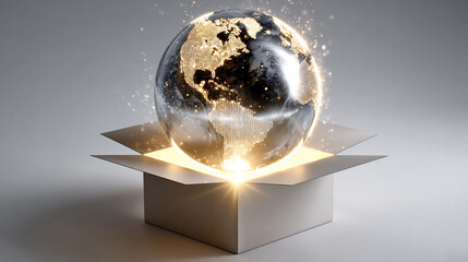Glowing globe emerging from a box depicting global wonder
