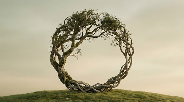 Minimalist tree art with circular roots and branches in a calm natural style - Powered by Adobe