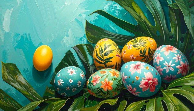 colorful Easter eggs with floral and polka dot patterns arranged on green leaves against turquoise background