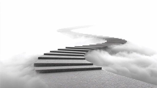 Curved stone stairs lead into a misty, cloud-filled void