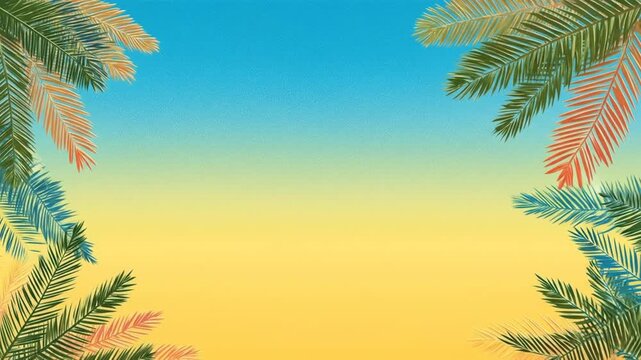 Vibrant illustration of palm fronds framing a gradient sky and beach