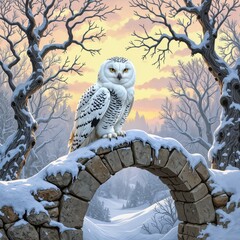 A majestic snowy owl sits peacefully on a snow-covered stone arch, surrounded by a tranquil winter landscape of bare trees beneath a pastel-hued sky 