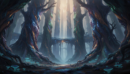 Ethereal forest of towering mineral formations shrouded in mist with soft ambient light and intricate textures