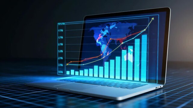 Conceptual image of a laptop displaying an upward trending financial chart and bar graph with a digital world map in the background, representing global business growth, analytics, and technology. - Powered by Adobe