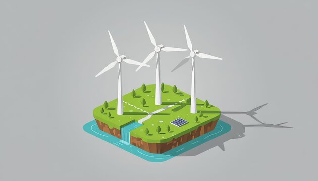 Isometric view of wind turbines on a green island with a river, a bridge, and a solar panel