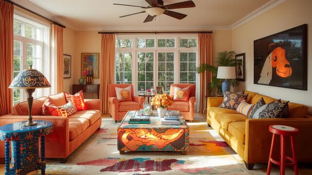 Bright living room with orange and yellow furniture during the daytime.