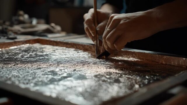 Slowmotion medium shot of foil being textured with specialized tools emphasizing the practical and decorative aspects of foil embossing.