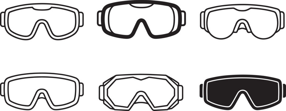 Collection of outline and solid safety goggle and ski mask icons, representing eye protection for winter sports, construction, and laboratory work Vector