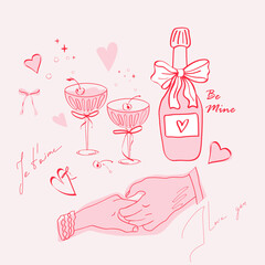 A soft pink Valentine-themed illustration featuring champagne glasses, a bottle with a bow, hearts, handwritten love notes, and holding hands. Sweet, minimal line art creates a warm romantic mood.