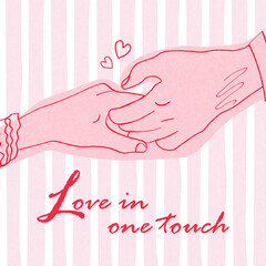 A sweet Valentine-themed illustration showing two hands gently touching, surrounded by small hearts. Soft pink stripes, red handwritten text create a warm, intimate, romantic design for poster,banner