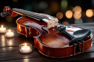 Fototapeta premium Melodic violin resting on a wooden table with candles glowing softly in the background