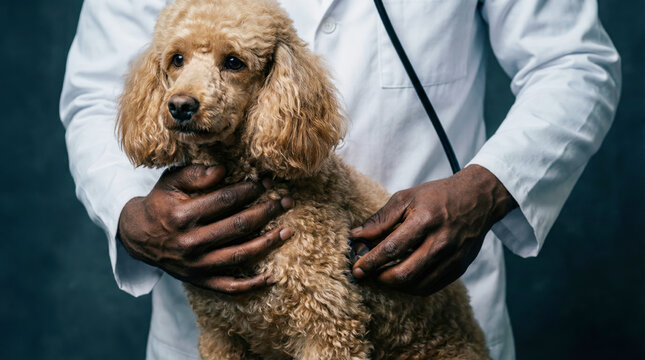 Veterinarian in a white coat examines a poodle dog using a stethoscope, focusing on pet healthcare and wellbeing during a veterinary checkup visit. Purebred Dog. Lab Coat. Animal hospital concept