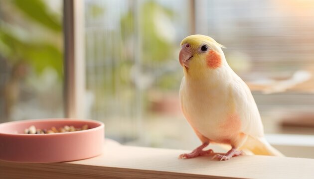 Cockatiel steps onto travel perch, showcasing vibrant feathers and calm demeanor, perfect for pet lovers and bird enthusiasts seeking tranquility