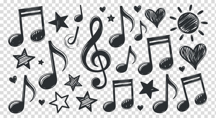 Hand Drawn Black Musical Notes and Symbols Set on Transparent Backdrop