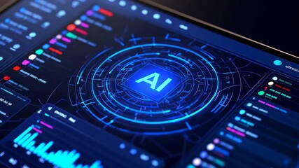 Futuristic digital dashboard displaying artificial intelligence system interface with data analytics, blue neon glow, and network connections. Technology, innovation, and AI in modern computing. - Powered by Adobe
