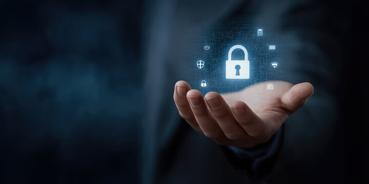 Cyber security lock hovering above hand data protection privacy and safe digital services concept