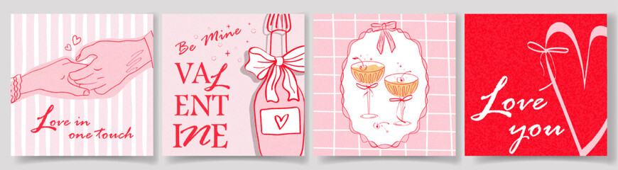 A set of Valentines Day cards. Modern design in a trendy retro hand-drawn doodle style champagne bottles, glasses, whimsical bows, hearts. Soft pink tones in banner, poster, cover, templates
