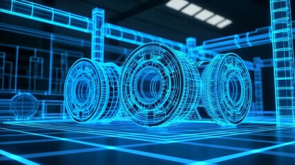 3D rendered digital blueprint of mechanical gears in a futuristic factory. The glowing neon lines and wireframe design illustrate advanced industrial technology and engineering concepts. - Powered by Adobe