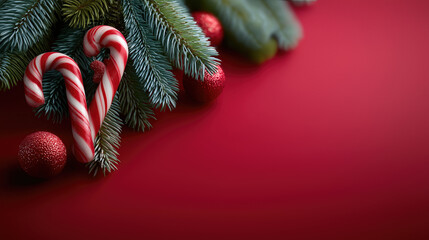 Christmas candy canes on red with fir branches festive winter holiday background for sales and greeting cards
