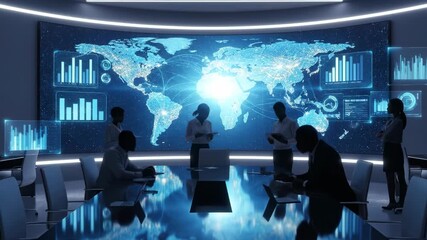 Dynamic global team analyzing data on futuristic digital screens. collaborative innovation in hightech conference environment. - Powered by Adobe