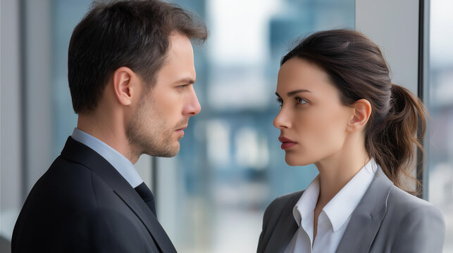 A parallel reality where coworkers switch personalities, dramatic contrasts in behavior, bright natural lighting, sharp facial expressions, blurred background, with copy space
