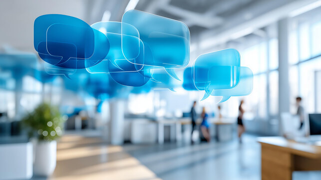 An office where floating translucent text bubbles misfire like telepathic messages, confused employees reacting, modern workspace, sharp details, surreal realism, blurred background, with copy space