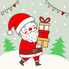 Cute Santa Christmas greeting card. Cute vector icon of santa with christmas gift .Cute cartoon character. Vector illustration. with a cute Santa Claus, a christmas tree, presents and ornaments.
