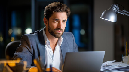 HR manager analyzing coworkers like a detective late at night, lamplight casting warm shadows, confidential papers on desk, focused expression, cinematic realism, blurred background, with copy space