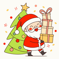 Cute Santa Christmas greeting card. Cute vector icon of santa with christmas gift .Cute cartoon character. Vector illustration. with a cute Santa Claus, a christmas tree, presents and ornaments.
