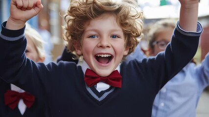 Three children are smiling and wearing school uniforms. They are holding hands and appear to be happy. Concept of joy and camaraderie among the children
