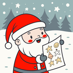Cute Santa Christmas greeting card. Cute vector icon of santa with christmas gift .Cute cartoon character. Vector illustration. with a cute Santa Claus, a christmas tree, presents and ornaments.
