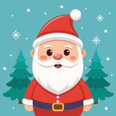 Cute Santa Christmas greeting card. Cute vector icon of santa with christmas gift .Cute cartoon character. Vector illustration. with a cute Santa Claus, a christmas tree, presents and ornaments.
