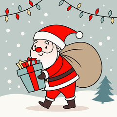Cute Santa Christmas greeting card. Cute vector icon of santa with christmas gift .Cute cartoon character. Vector illustration. with a cute Santa Claus, a christmas tree, presents and ornaments.
