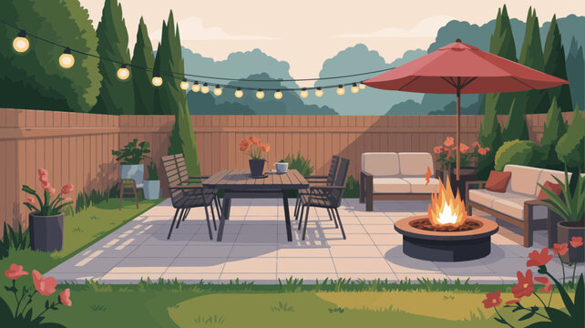 Cozy backyard patio with dining table fire pit outdoor seating and string lights