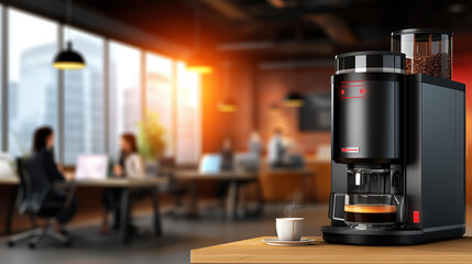 A coffee machine anthropomorphized with glowing indicators reacting to office gossip, employees talking nearby, warm café-like lighting, photorealism, blurred background, with copy space