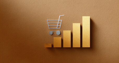 3D illustration of a shopping cart icon on top of ascending golden bar graph on textured brown background symbolizing e-commerce growth