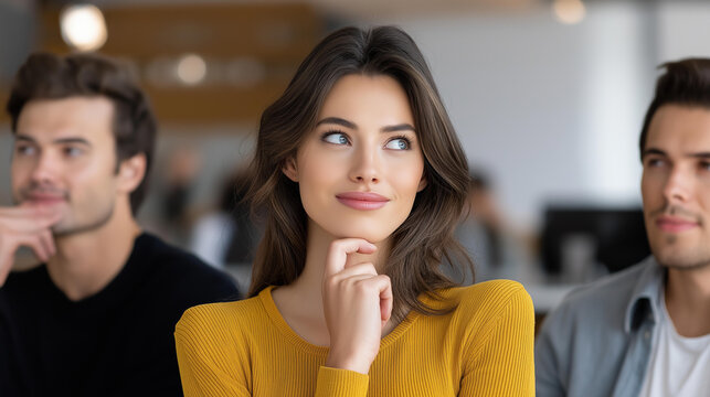 An office matchmaker secretly observing colleagues and pairing them mentally, warm tones, thoughtful expression, realistic setting, blurred background, with copy space