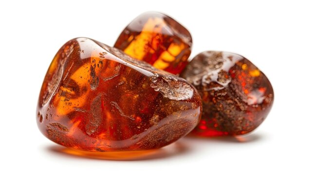 Three natural amber stones, ancient fossilized resin gemstone