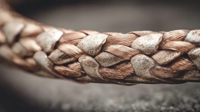 Closeup of flexible braided copper wire shielding applied as EMI protection on a thick circular electrical cable emphasizing durability and conductivity.
