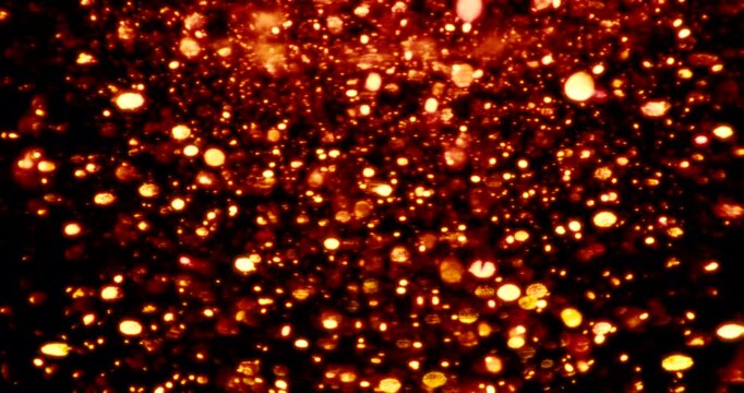 Red and golden particles shimmer in water against a dark background, reflecting warm light like cosmic dust&mdash;glowing, floating, glittering, universe-like atmosphere.