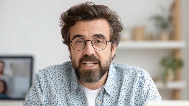 Thoughtful man with glasses engaged in conversation, showcasing focus and sincerity in a modern workspace setting 4k video footage