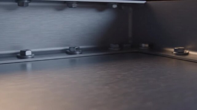 Close-up of a metallic corner joint with bolts on a textured surface, showcasing precision engineering