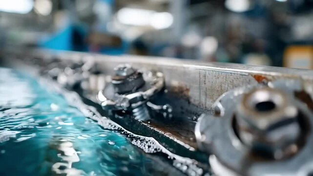 Close view of zinc electroplating bath with machinery parts submerged for protective anticorrosion metal coating in a clean manufacturing environment.