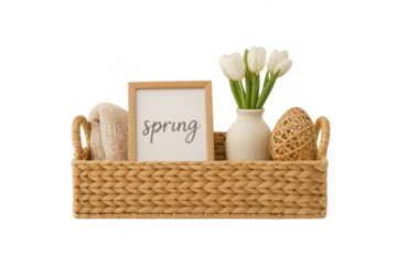 Spring home decor tray with tulips and wicker egg