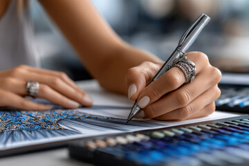 Creative artist designs intricate fashion illustration in modern studio setting