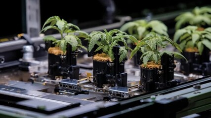 Medium shot showcasing AIintegrated pot elevation control dynamically optimizing plant positioning utilizing machine learning for enhanced cultivation efficiency.