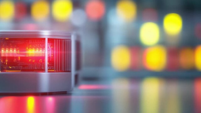 Flashing Beacon: A close-up view of a vibrant red beacon casts a powerful light amidst a softly blurred backdrop of colorful lights, hinting at a scene of urgent action or a technological hub.