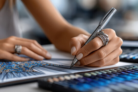 Creative artist designs intricate fashion illustration in modern studio setting - Powered by Adobe