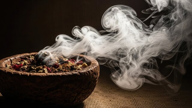 Fragrant smoke rises from ceremonial herbs and incense blend - Powered by Adobe