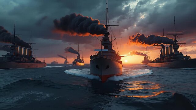 Dawn reveals ships battling waves beneath colorful horizon line